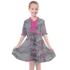 Marble Light Gray With Bright Magenta Pink Veins Texture Floor Background Retro Neon 80s Style Neon Colors Print Luxuous Real Marble Kids  All Frills Chiffon Dress by genx