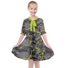 Marble Light Gray With Green Lime Veins Texture Floor Background Retro Neon 80s Style Neon Colors Print Luxuous Real Marble Kids  All Frills Chiffon Dress by genx