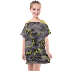 Marble Light Gray With Green Lime Veins Texture Floor Background Retro Neon 80s Style Neon Colors Print Luxuous Real Marble Kids  One Piece Chiffon Dress by genx