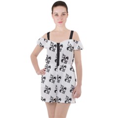 French France Fleur De Lys Metal Pattern Black And White Antique Vintage Ruffle Cut Out Chiffon Playsuit by Quebec