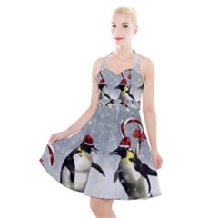 Funny Penguin In A Winter Landscape Halter Party Swing Dress  by FantasyWorld7