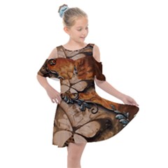 Wonderful Floral Design With Butterflies Kids  Shoulder Cutout Chiffon Dress by FantasyWorld7