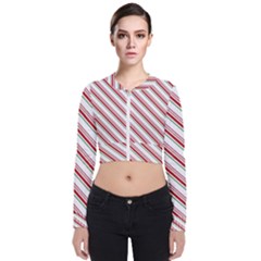 White Candy Cane Pattern With Red And Thin Green Festive Christmas Stripes Long Sleeve Zip Up Bomber Jacket by genx