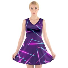 Retrowave Aesthetic Vaporwave Retro Memphis Pattern 80s Design Geometric Shapes Futurist Purple Pink Blue Neon Light V-neck Sleeveless Dress by genx