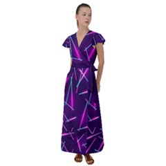 Retrowave Aesthetic Vaporwave Retro Memphis Pattern 80s Design Geometric Shapes Futurist Purple Pink Blue Neon Light Flutter Sleeve Maxi Dress by genx