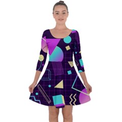 Retrowave Aesthetic Vaporwave Retro Memphis Pattern 80s Design 3d Geometric Shapes Quarter Sleeve Skater Dress by genx