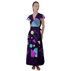 Retrowave Aesthetic Vaporwave Retro Memphis Pattern 80s Design 3d Geometric Shapes Flutter Sleeve Maxi Dress by genx