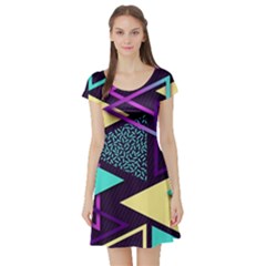 Retrowave Aesthetic Vaporwave Retro Memphis Triangle Pattern 80s Yellow Turquoise Purple Short Sleeve Skater Dress by genx