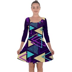 Retrowave Aesthetic Vaporwave Retro Memphis Triangle Pattern 80s Yellow Turquoise Purple Quarter Sleeve Skater Dress by genx