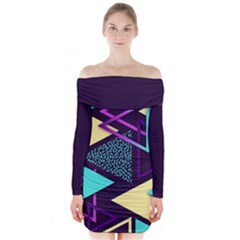 Retrowave Aesthetic Vaporwave Retro Memphis Triangle Pattern 80s Yellow Turquoise Purple Long Sleeve Off Shoulder Dress by genx