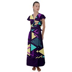 Retrowave Aesthetic Vaporwave Retro Memphis Triangle Pattern 80s Yellow Turquoise Purple Flutter Sleeve Maxi Dress by genx