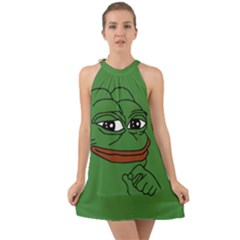 Pepe The Frog Smug Face With Smile And Hand On Chin Meme Kekistan All Over Print Green Halter Tie Back Chiffon Dress by snek