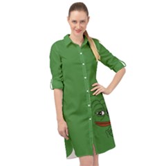 Pepe The Frog Smug Face With Smile And Hand On Chin Meme Kekistan All Over Print Green Long Sleeve Mini Shirt Dress by snek