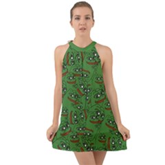 Pepe The Frog Perfect A-ok Handsign Pattern Praise Kek Kekistan Smug Smile Meme Green Background Halter Tie Back Chiffon Dress by snek