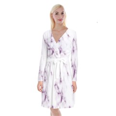 White Marble Violet Purple Veins Accents Texture Printed Floor Background Luxury Long Sleeve Velvet Front Wrap Dress by genx