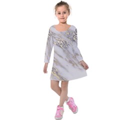 Marble With Metallic Gold Intrusions On Gray White Stone Texture Pastel Rose Pink Background Kids  Long Sleeve Velvet Dress by genx