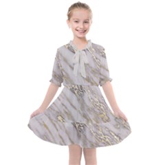 Marble With Metallic Gold Intrusions On Gray White Stone Texture Pastel Rose Pink Background Kids  All Frills Chiffon Dress by genx