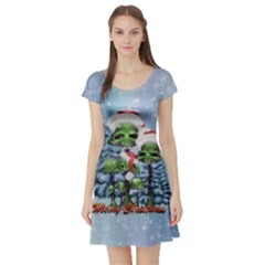 Merry Christmas, Funny Mushroom With Christmas Hat Short Sleeve Skater Dress by FantasyWorld7