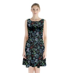 Watercolor Flowers On Black Sleeveless Waist Tie Chiffon Dress by bloomingvinedesign