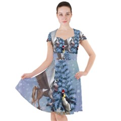 Merry Christmas, Funny Pegasus With Penguin Cap Sleeve Midi Dress by FantasyWorld7