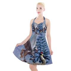 Merry Christmas, Funny Pegasus With Penguin Halter Party Swing Dress  by FantasyWorld7