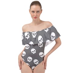 White Skull Pattern Off Shoulder Velour Bodysuit  by designsbymallika