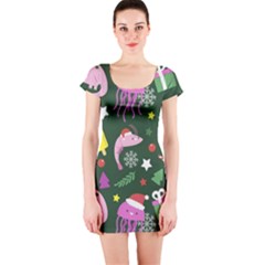 Colorful Funny Christmas Pattern Short Sleeve Bodycon Dress