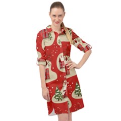 Christmas New Year Seamless Pattern Long Sleeve Mini Shirt Dress by Vaneshart