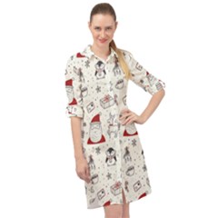 Cute Christmas Doodles Seamless Pattern Long Sleeve Mini Shirt Dress by Vaneshart