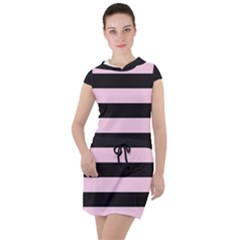 Black And Light Pastel Pink Large Stripes Goth Mime French Style Drawstring Hooded Dress by genx