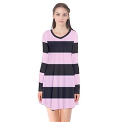 Black And Light Pastel Pink Large Stripes Goth Mime French Style Long Sleeve V-neck Flare Dress by genx