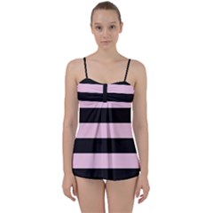 Black And Light Pastel Pink Large Stripes Goth Mime French Style Babydoll Tankini Set by genx