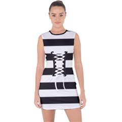 Black And White Large Stripes Goth Mime French Style Lace Up Front Bodycon Dress by genx