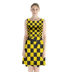 Checkerboard Pattern Black And Yellow Ancap Libertarian Sleeveless Waist Tie Chiffon Dress by snek