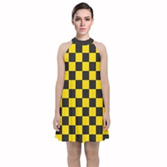 Checkerboard Pattern Black And Yellow Ancap Libertarian Velvet Halter Neckline Dress  by snek