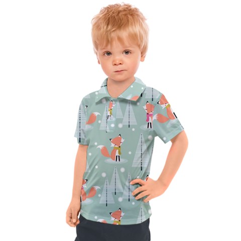 Cute Fox Christmas Winter Seamless Pattern Kids  Polo Tee by Vaneshart