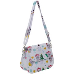 Christmas Seamless Pattern With Cute Kawaii Mouse Saddle Handbag by Vaneshart