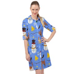 Funny Christmas Pattern With Snowman Reindeer Long Sleeve Mini Shirt Dress by Vaneshart