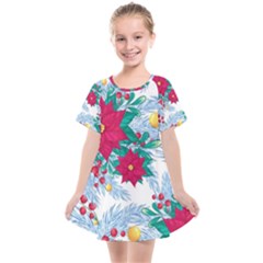 Seamless Winter Pattern With Poinsettia Red Berries Christmas Tree Branches Golden Balls Kids  Smock Dress by Vaneshart