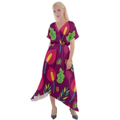 Tropical Flowers On Deep Magenta Cross Front Sharkbite Hem Maxi Dress by mccallacoulture