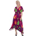 Tropical Flowers on Deep Magenta Cross Front Sharkbite Hem Maxi Dress View1