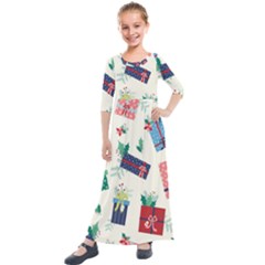 Christmas Gifts Pattern With Flowers Leaves Kids  Quarter Sleeve Maxi Dress by Vaneshart