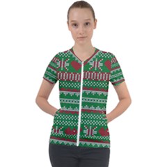 Knitted Christmas Pattern Green Red Short Sleeve Zip Up Jacket by Vaneshart