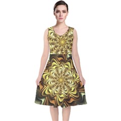 Fractal Flower Petals Gold V-neck Midi Sleeveless Dress  by HermanTelo