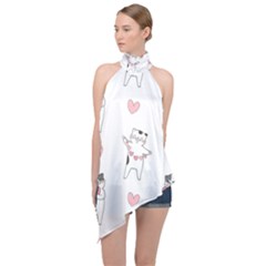 Seamless Pattern Cute Cat With Little Heart Hearts Halter Asymmetric Satin Top by Wegoenart