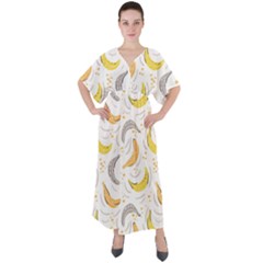 Seamless Stylish Pattern With Fresh Yellow Bananas Background V-neck Boho Style Maxi Dress by Wegoenart