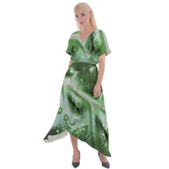 Green Wet Rain Water Drops Plant Cross Front Sharkbite Hem Maxi Dress by Vaneshart