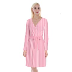 Nice Stripes - Flamingo Pink Long Sleeve Velvet Front Wrap Dress by FashionBoulevard