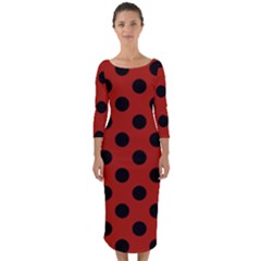 Polka Dots - Black On Apple Red Quarter Sleeve Midi Bodycon Dress by FashionBoulevard