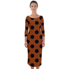 Polka Dots - Black On Burnt Orange Quarter Sleeve Midi Bodycon Dress by FashionBoulevard